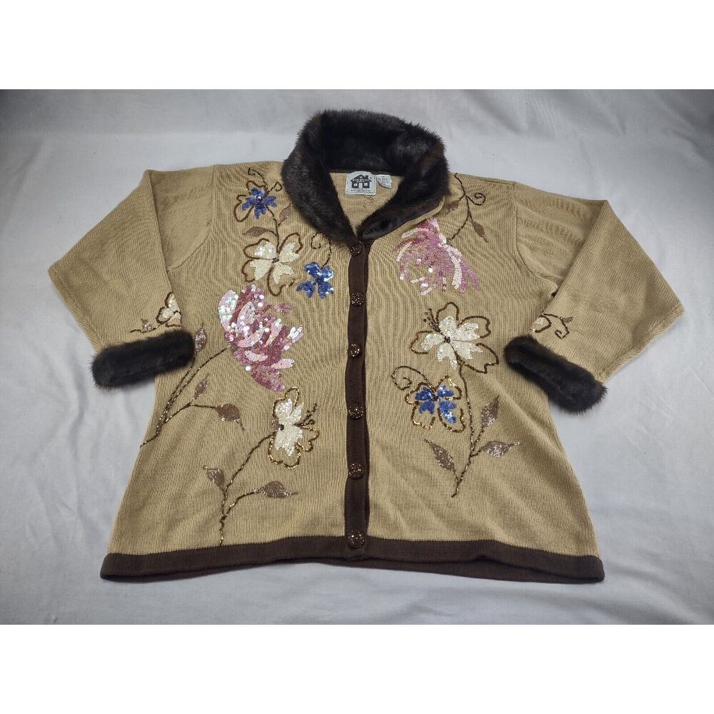 Cardigan Sweater Vintage‎ 1X Storybook Knits Floral Sequin Faux Fur Brown Flower